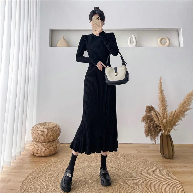 French Knitted Long Sleeve Dress Slim Fit Autumn Winter Knee-Length New Style Fish Tail Base Long Dress Fashionable Elegant
