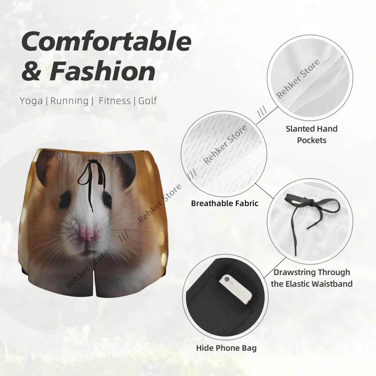 Hamster met lichte dubbellaagse, sneldrogende atletische shorts voor dames voor buiten, vrije tijd, hardlopen, fitness, workout, sport