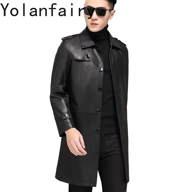 

YOLANFAIRY Real Sheepskin Leather Trench Coat Men Spring Autumn Mid-length Casual Genuine Leather Jacket Man Lapel Brown Coats