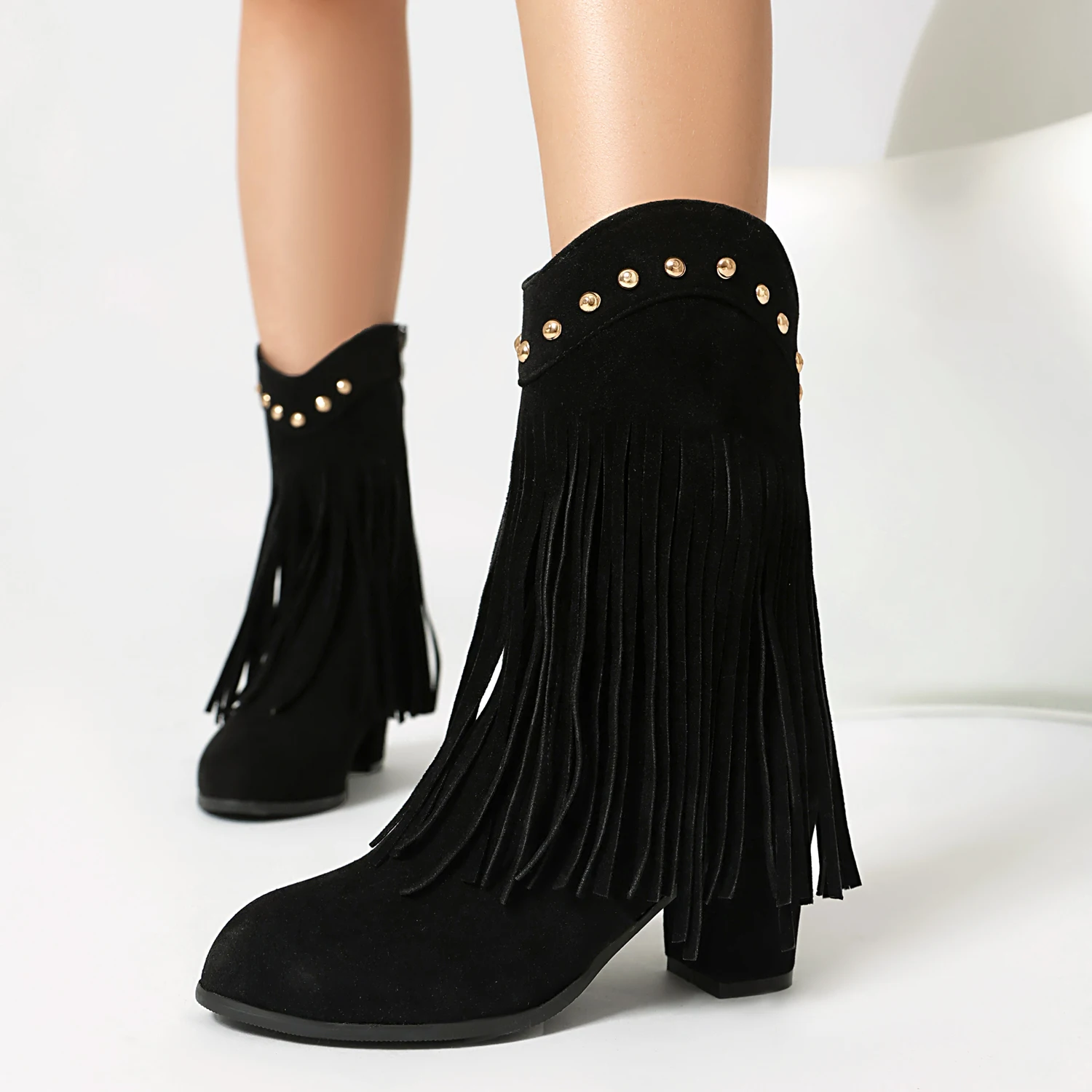 

Winter Cowboy Style Fringe Boots Women's Retro Flock Ankle Boots Tassel Rivets Decor 6.5cm Comfy Chunky Heels Shoes