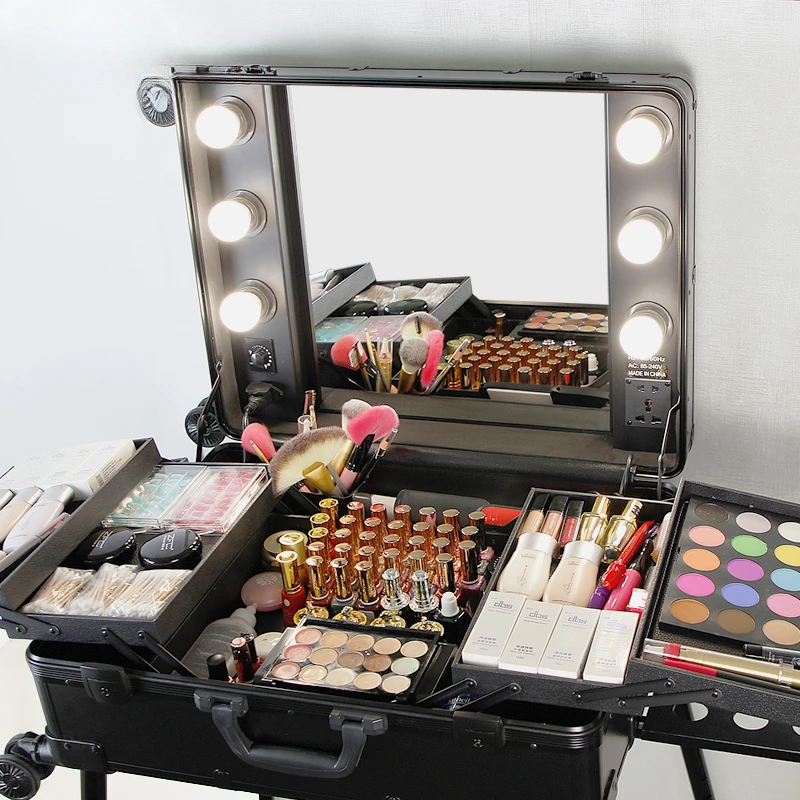 Caja de cosméticos para Artista de maquillaje profesional, espejo de 24 pulgadas con bombilla, estuche de equipaje, Maleta especial para artista de maquillaje de estudio