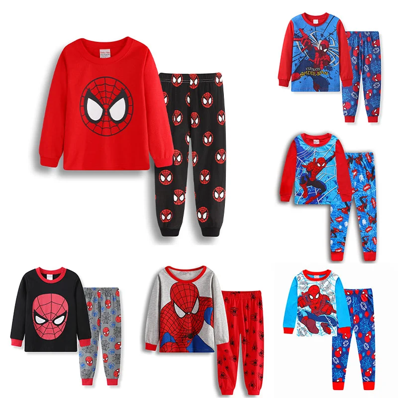 2pcs/set Marvel Kids Pajamas Spider Man Sets Baby Girls Boys Cotton Sleepwear Cartoon Long Sleeve Tshirt+Pants Set Home Costume