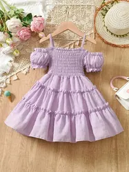 Girls Cold Shoulder Shirred Frill Trim Ruffle Hem Princess Dress For Party Beach Vacation Kids Summer Clothes