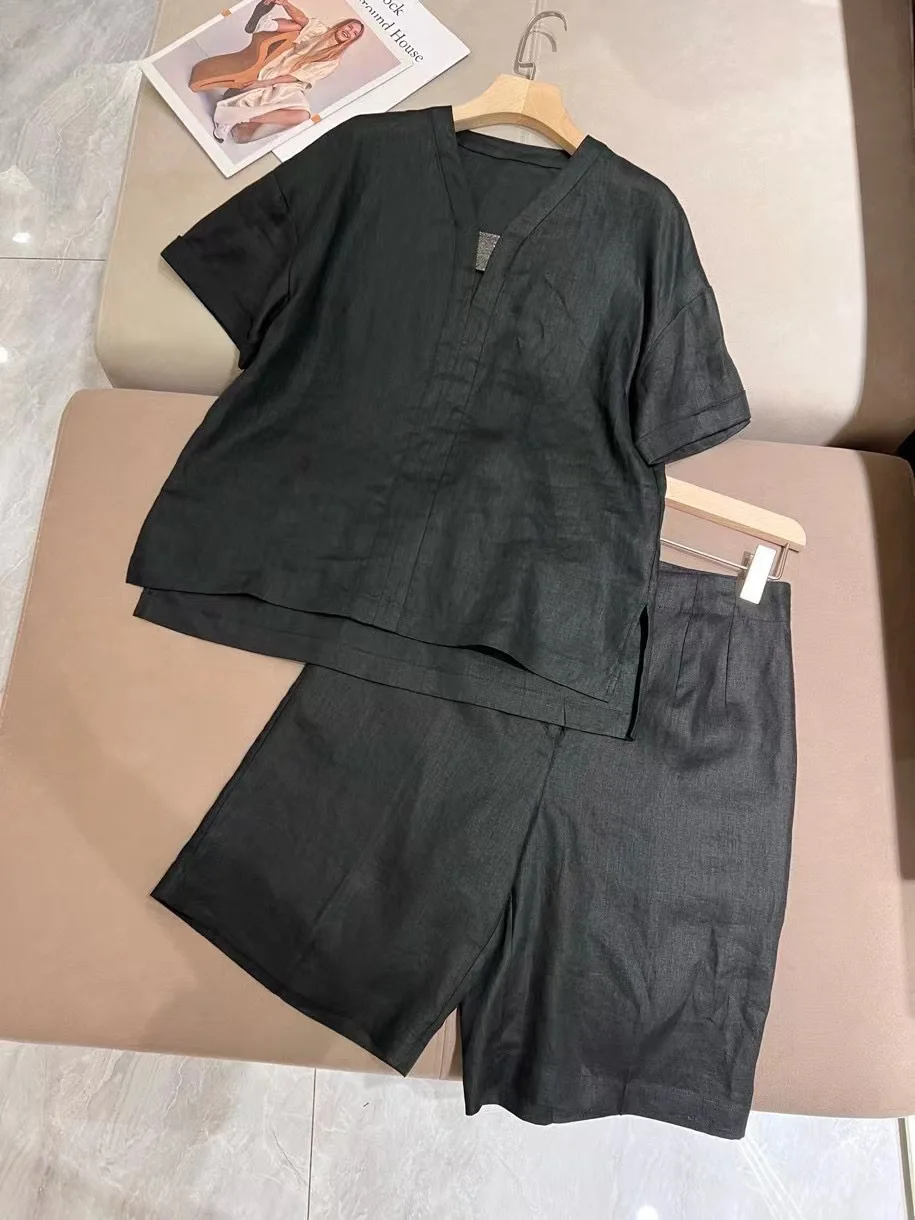 Women Linen Black Set V-Neck Short Sleeve Blouse or High Waist Shorts