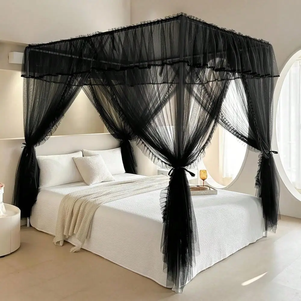 

Corners Post Ruffle Princess Bed Canopy Curtain Double Layer Cozy Drape Netting With 4 Openings Elegant Mosquito Net For Girls