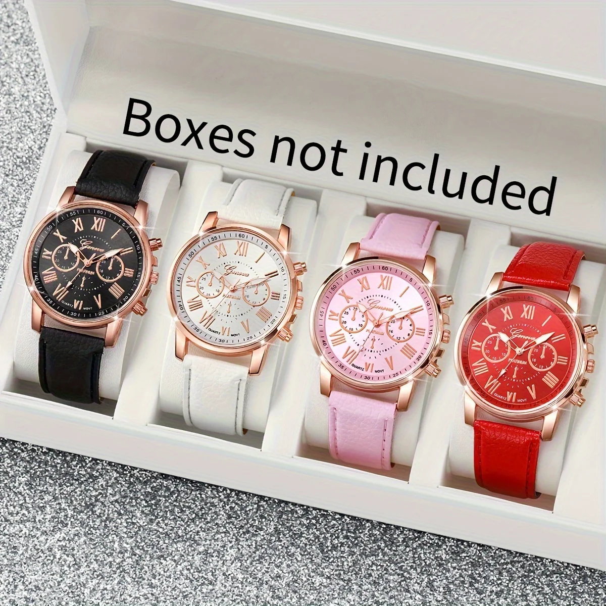 

Ladies PU Leather Strap Wristwatch Set with Roman Numerals and Quartz Movement