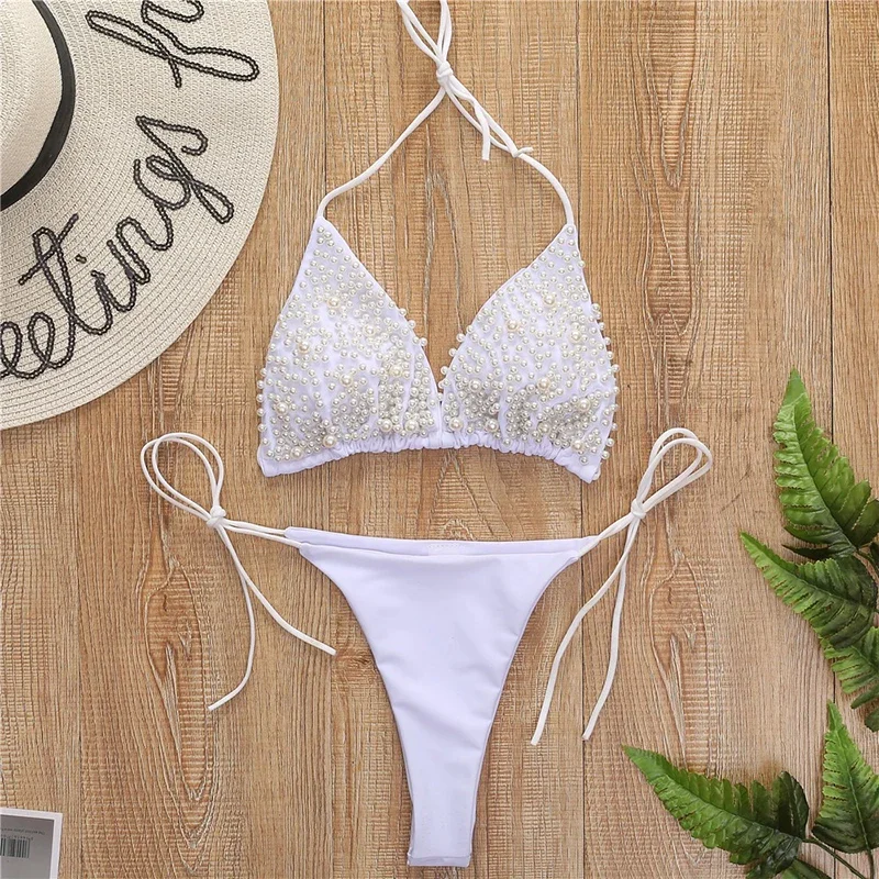 Pérola maiô feminino biquíni push up sexy triângulo halter g-string gravata lateral conjunto de biquíni banho praia férias chique 2 peça conjuntos