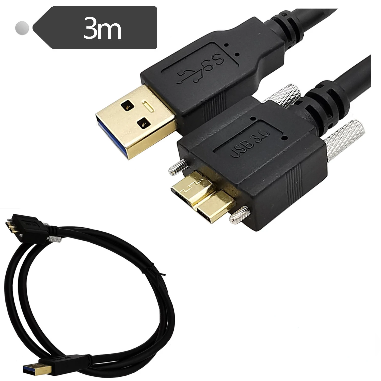 Gold-plated USB 3.0 to 90 Degree Right & Left & Up & Down Angled Micro B With Lock Screws Mount Data cable 3M