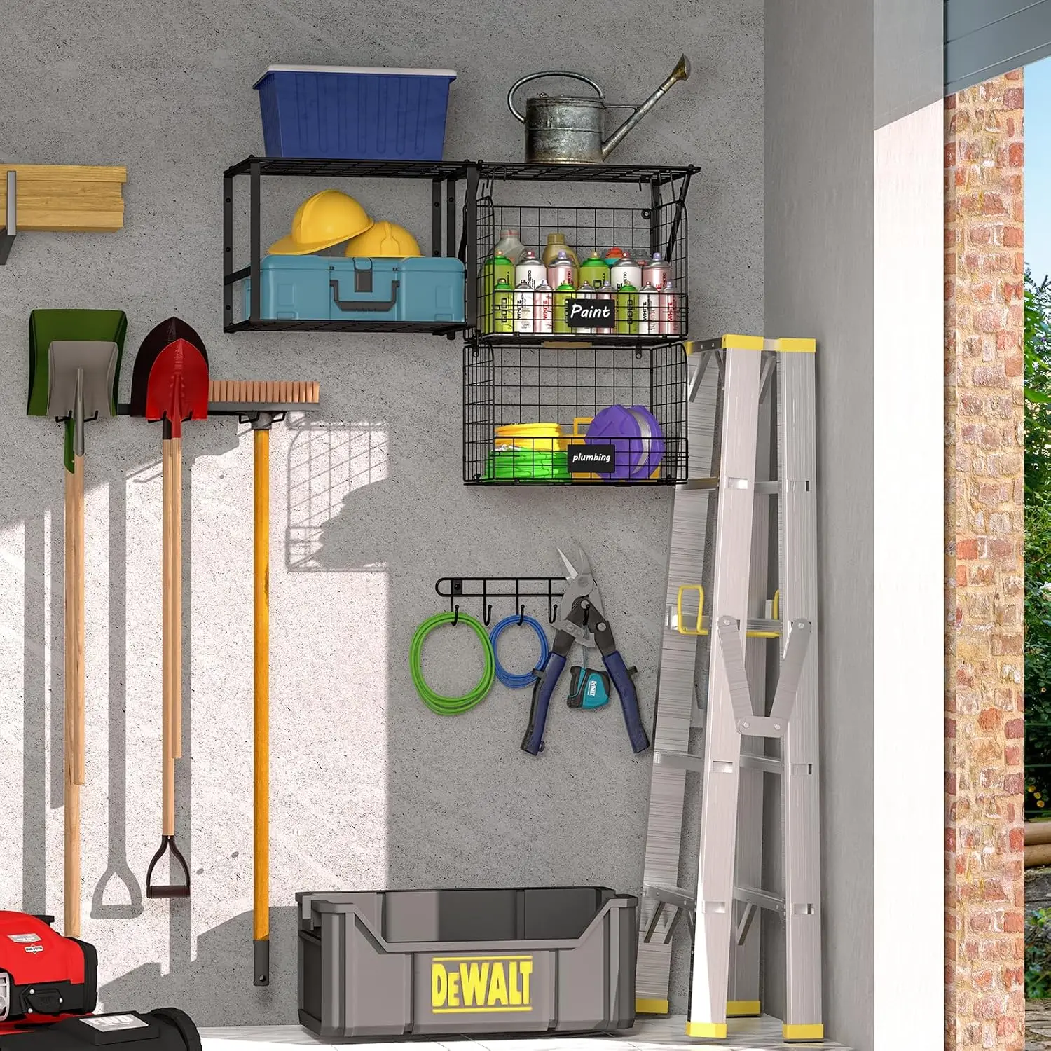 

Garage Shelf Wall Mounted with Wire Baskets, Heavy Duty Wall Shelving with Garden Tool Rack and Hooks