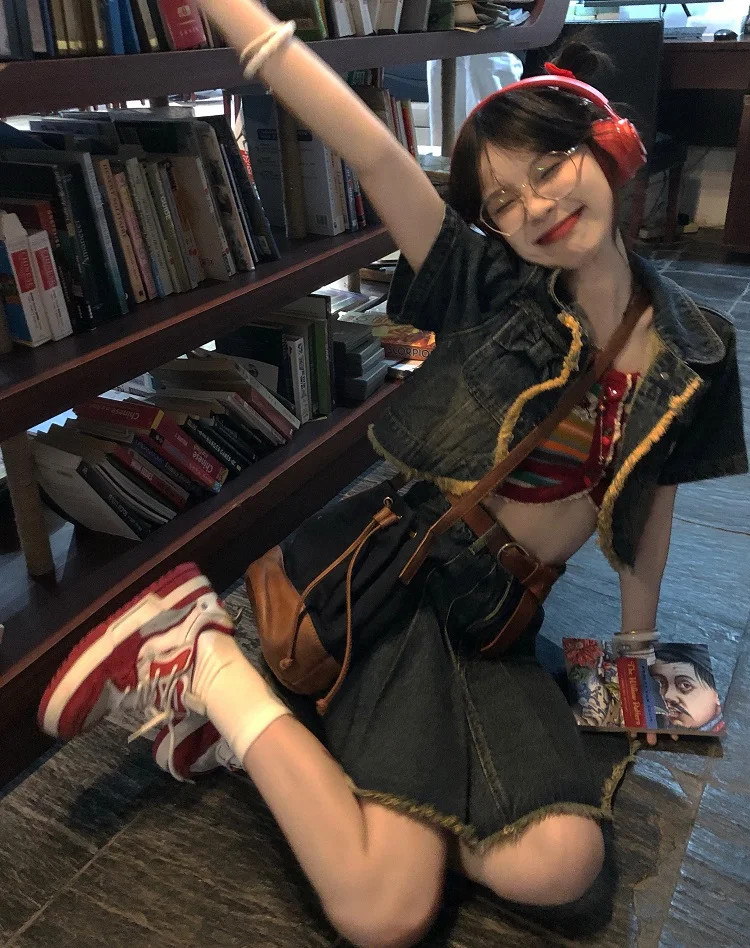 

ALITTLE My Cherry Knot ort Sve Denim Jaet Летний оригинальный дизайн Свободный крой из тонкого материала Воротник Попка...