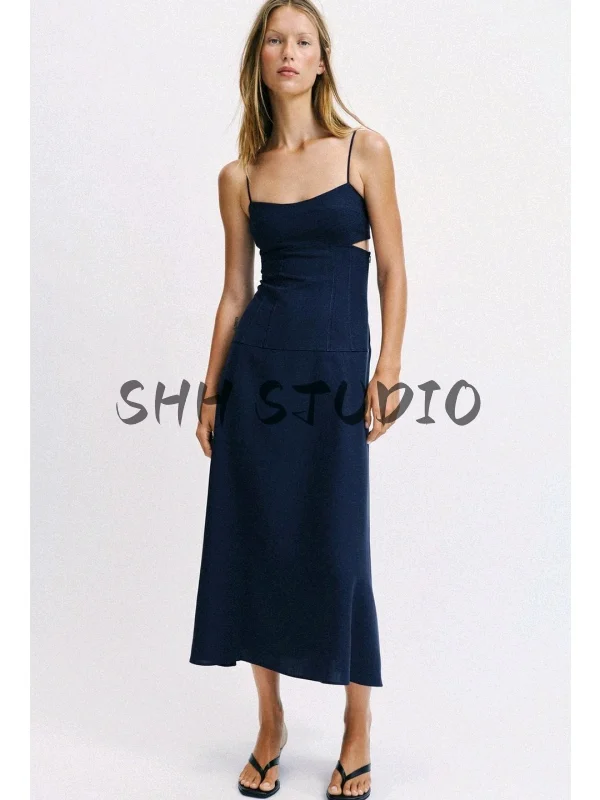 Women's A-Line Midi Dress Straight Collar Open Design Halter Neck Gored Skirt High Waist Soft Georgette Summer Casual Dress