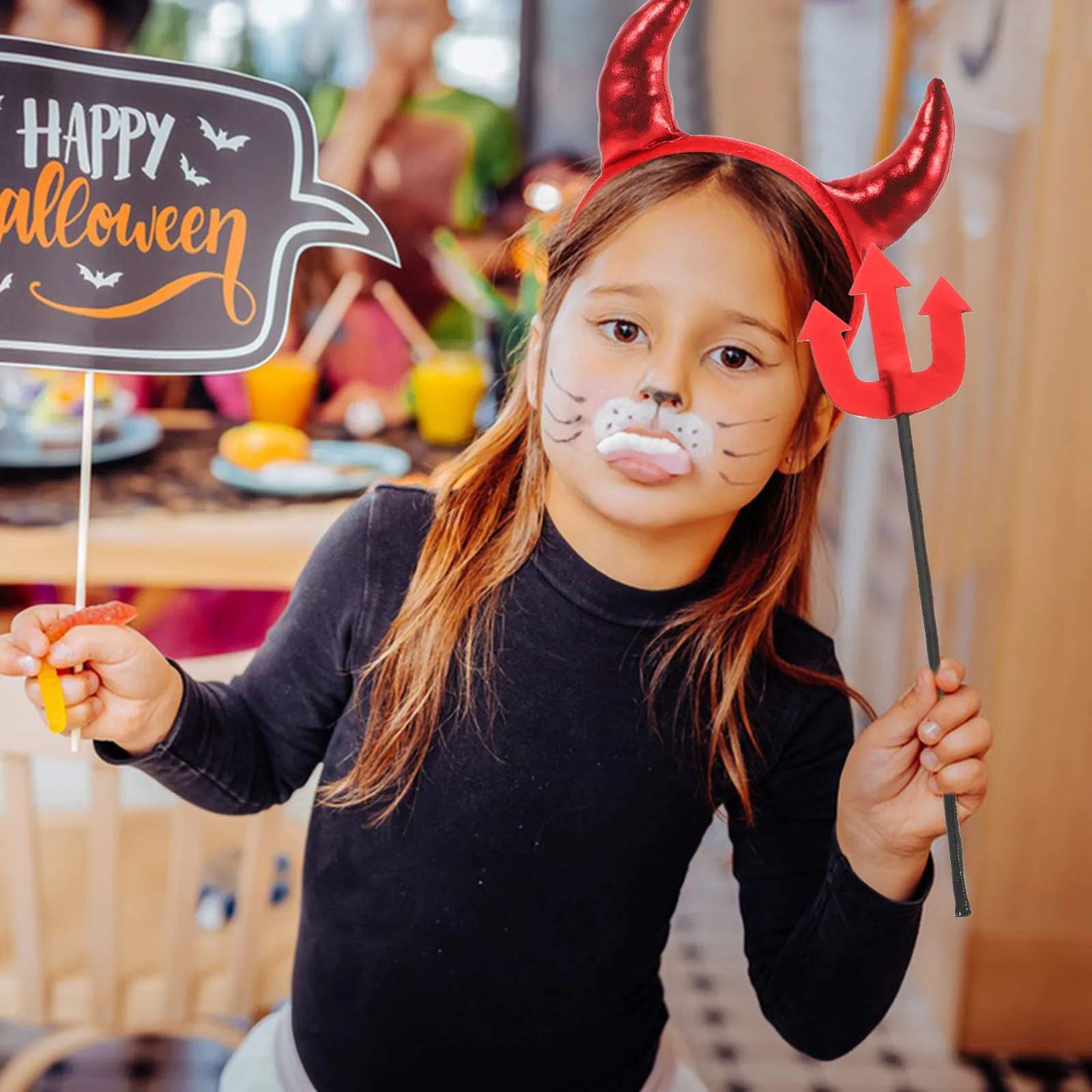 여성용 뿔 머리띠 1세트 악마 의상 세트 가벼운 플라스틱 악마 삼지창 소품 가면 무도회 생일 크리스마스 행사용