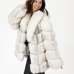 Fashion Real Fox Fur Coat Natural White Animal Furry Outerwear Women Luxury Silver Fox Fur Jacket New Winter Fluffy Collar Cape