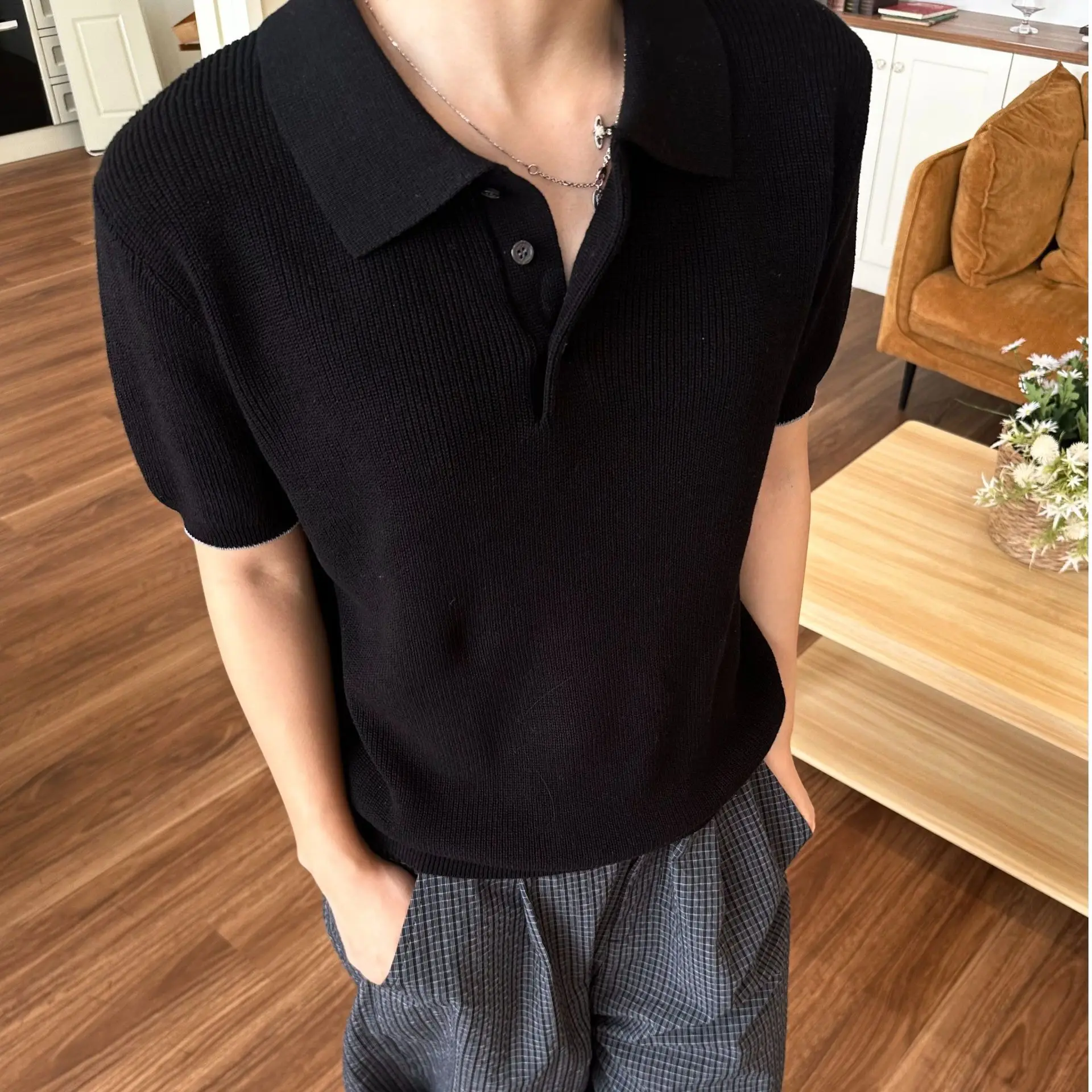 Men's Short Sleeve T-shrit Summer High End Knitted Cotton Sweater New Luxury Preppy Style Relaxed Breathable Short Sleeve