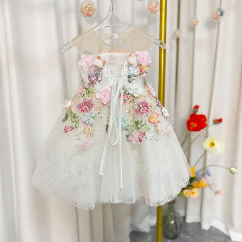 

Floral Flower Girl Dress Lace Flowers Sleeveless Princess Toddler Kids Wedding 1st Birthday Pageant Party Gown
