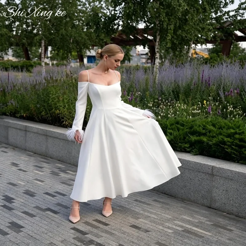 Luxury Minimalist Satin Wedding Gown Thin Strap Long Sleeve Feather Decoration Vestidos De Novia Customized