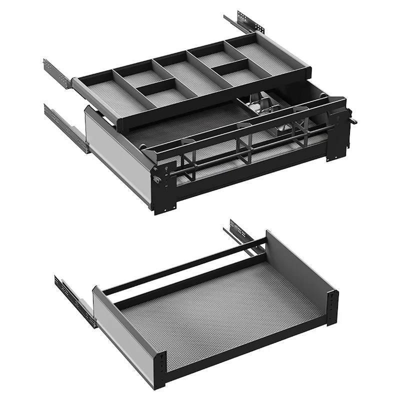 The three-layer cabinet draws medium dishes, pots and pans, baskets, and easily draws Japanese-style baskets.