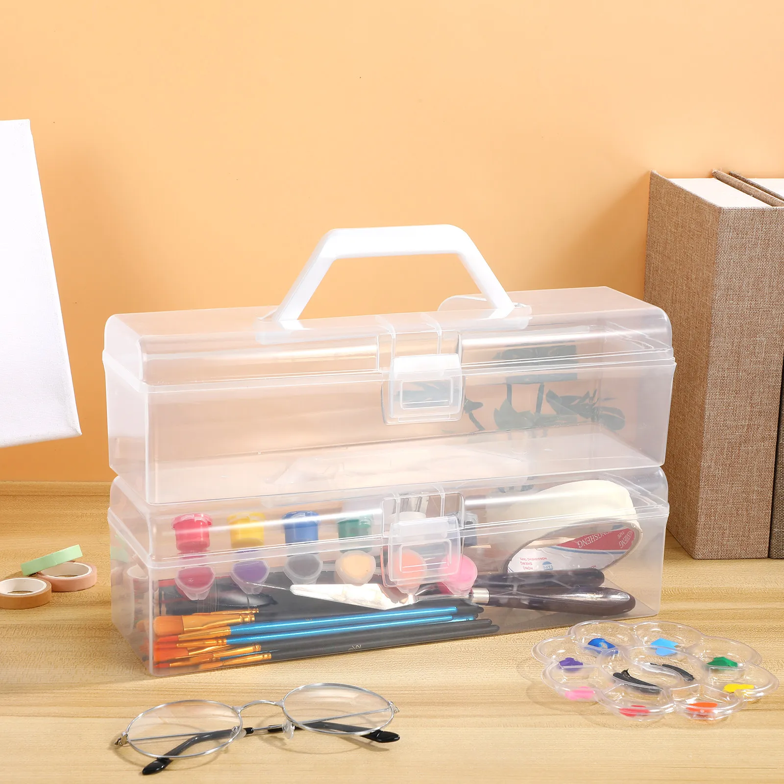 

2Pcs Transparent Tool Storage Box Heavy Duty Paint Brush Organizer Spacious Compartment Design for Art Supplies Stationery Craft
