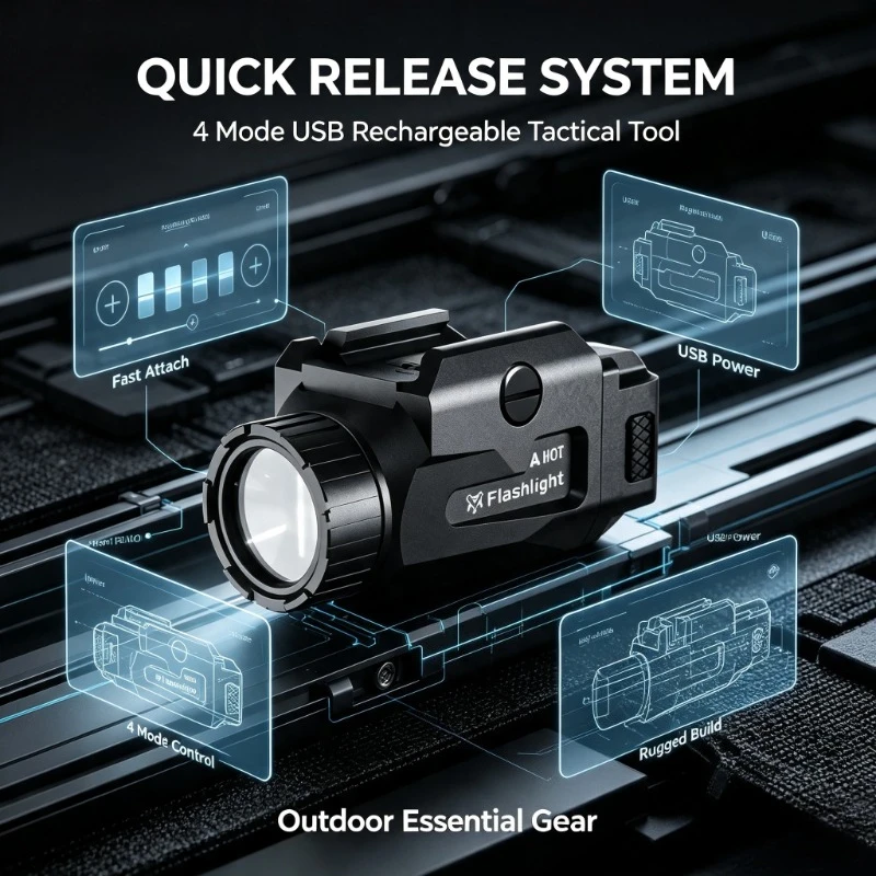 TINSOL Outdoor Illumination Torch 800LM 4 Adjustable Modes USB Charging Quick Detach Picatinny Rail Mount For Night Activity