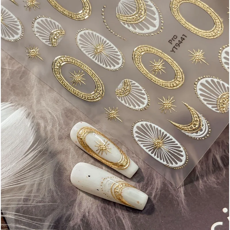 5D Golden Reliefs Sun Moon Star Nail Stickers Retro Boho Oval Frame Self Adhesive Nail Decoration DIY Manicure Nail Art Stickers
