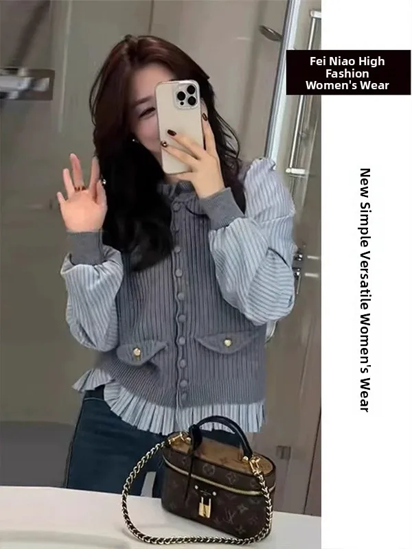 

Extra Large 2300 Pounds Shirt Design Knitted Sweater Women Autumn Winter Elegant Fake Two-Piece Top French Style Loose Fit Po...