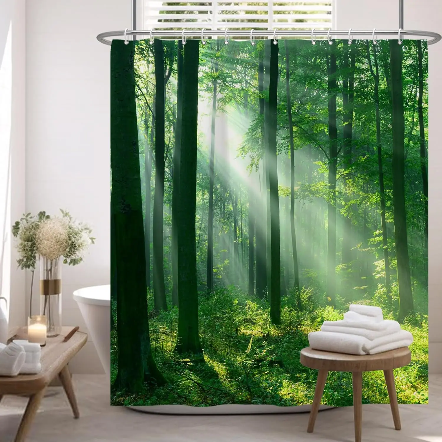 

72x72 Inch Forest Sunlight Shower Curtain Green Trees Nature Landscape Waterproof Polyester with Hooks
