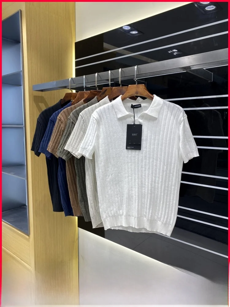 

Comfortable Knitted irt Men's Faionable ort Sve Turn-down Collar Striped Texture Light Busin Series Cotton B...