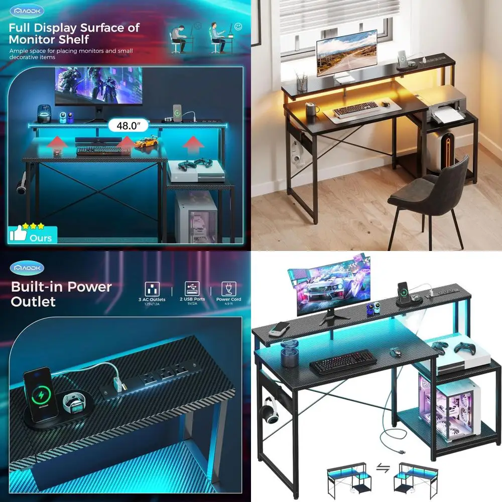 48 Carbon Fiber Gaming Desk with LED Lights, Power Outlet, Storage, and Monitor Shelf