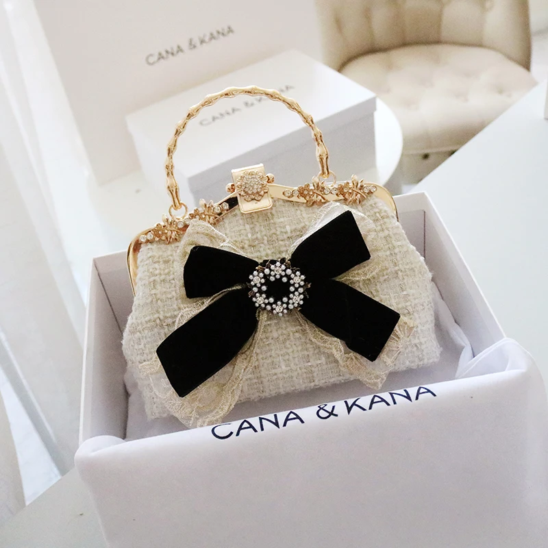 Velvet Bowknot Black Woollen Shoulder Bag Fashion Chain Strap  Pearl Crystal Diamond Gold Metal Frame Handbag Luxury Elegant