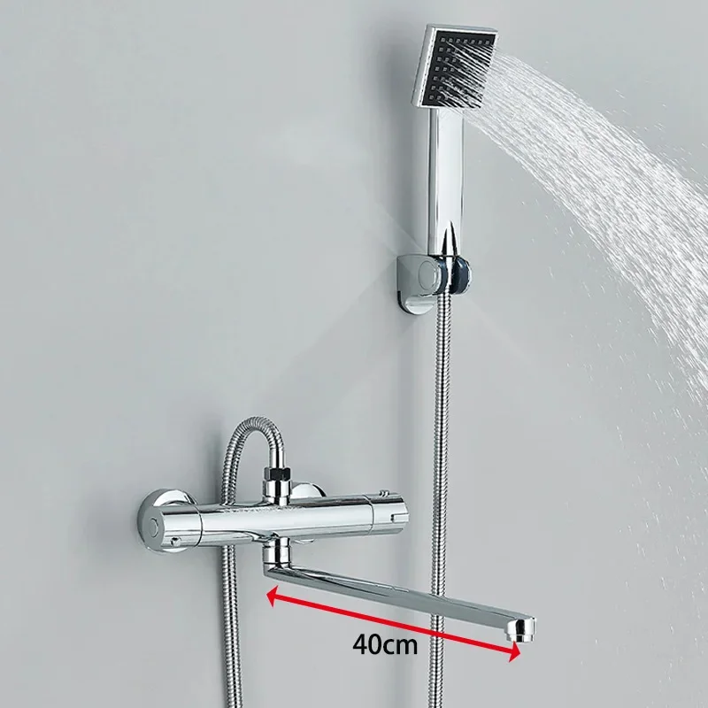 Wall Mounted Chrome Bathroom Shower Faucet Set Thermostatic Bathtub Shower Mixer with Long Spout for Enhanced Shower Experience