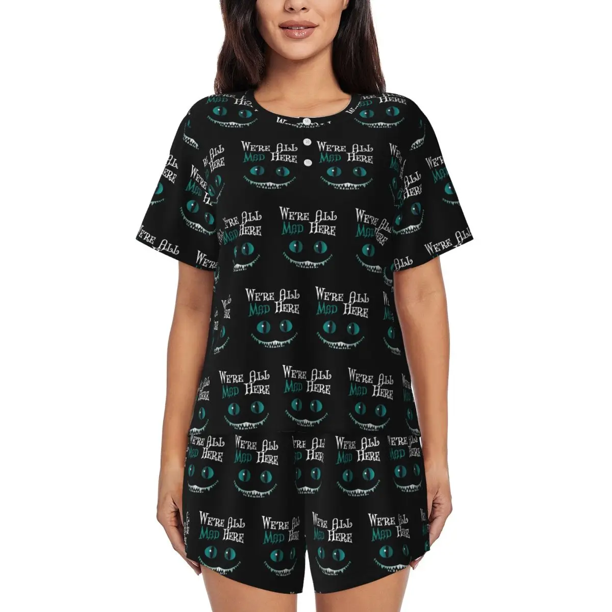 

Women Alice In Wonderland Cheshire Cat Pajamas Set Custom Printed Short Sleeve Sleepwear Loungewear Pjs 2 Piece Sets