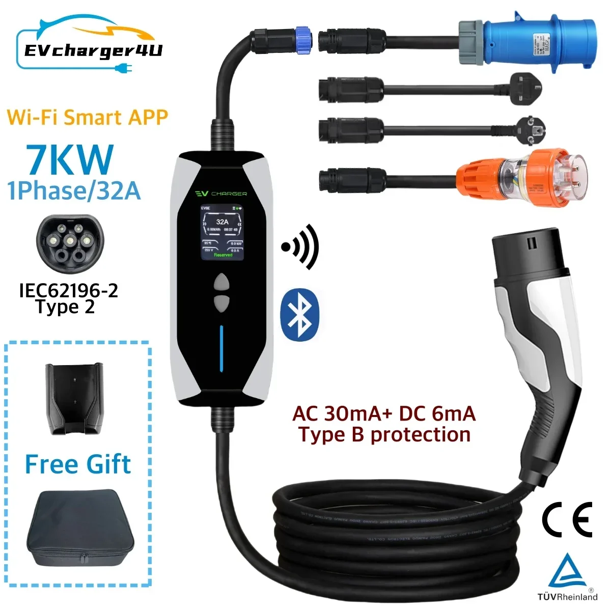 EVcharger4U 7KW Type 2 Portable EV Charger EVSE 1Phase 32A 8M IEC62196 Cable Wifi Bluetooth App Control for Electric Vehicle