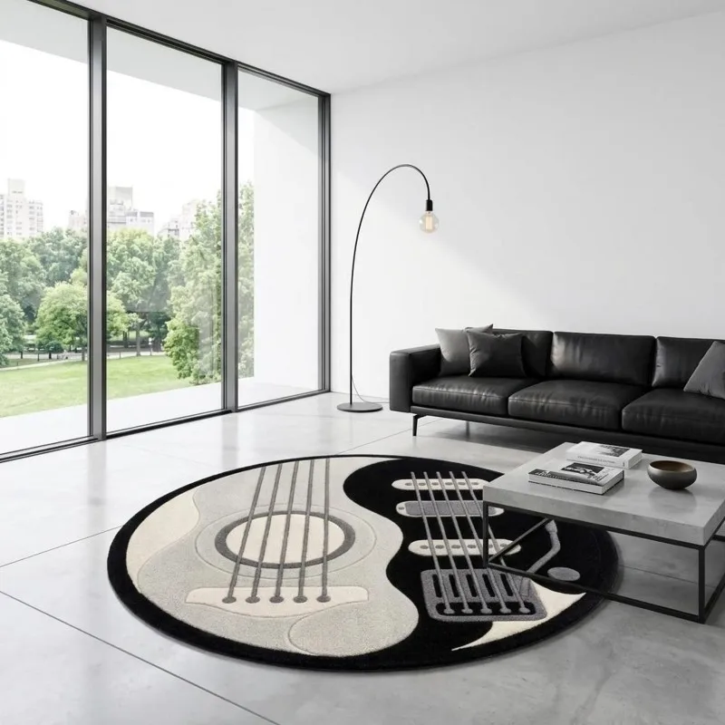 Electric Guitar Music Theme Carpet Round Area Rug Colorful Retro Home Decor Floor Cover Living Room Bedroom Studio Lounge Accent