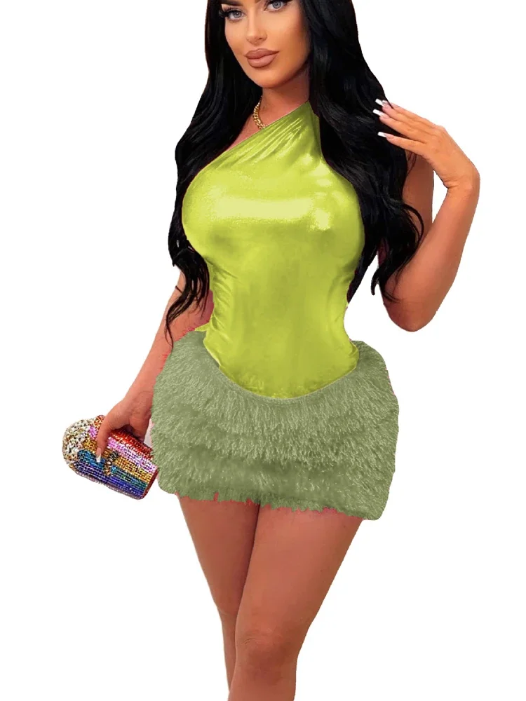 Orange Sexy Two Piece Women Dress Sets 2026 Summer Skew Collar Metallic Bodysuits Top and Furry Tassel Mini Skirts Outfits
