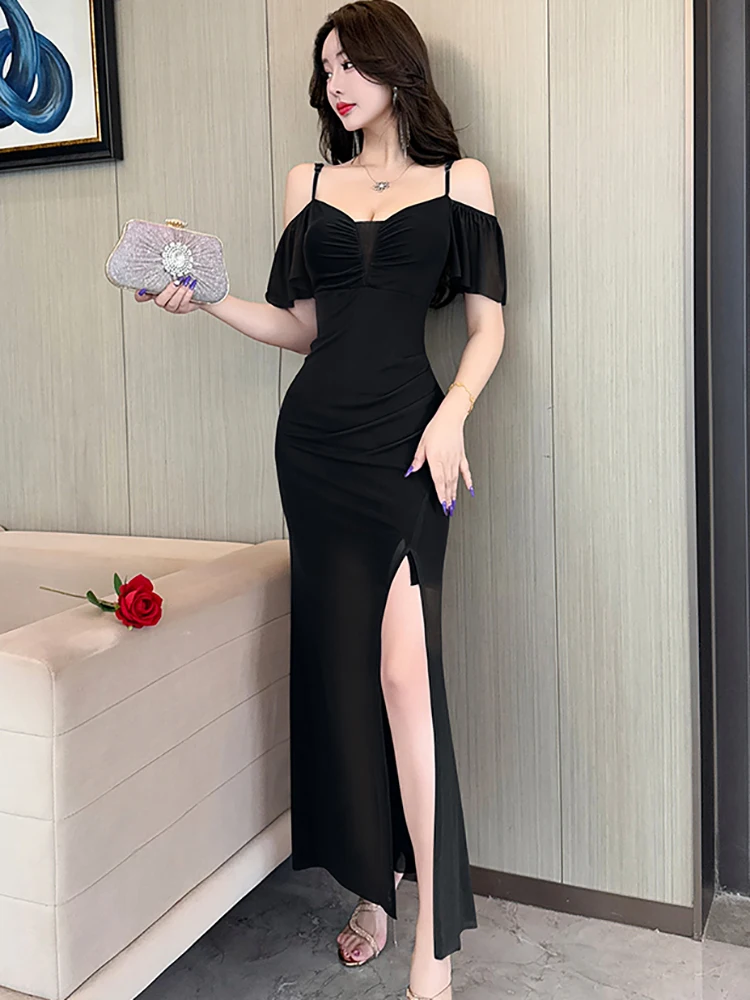 Damska Zielona Sukienka z Siateczki, Odkryte Ramiona, Seksowna Sukienka na Ramiączkach, Długa Sukienka Letnia Elegancka Codzienna z Rozcięciem, Koreańskie Sukienki Vintage Luksusowe na Imprezę Vestidos 2025