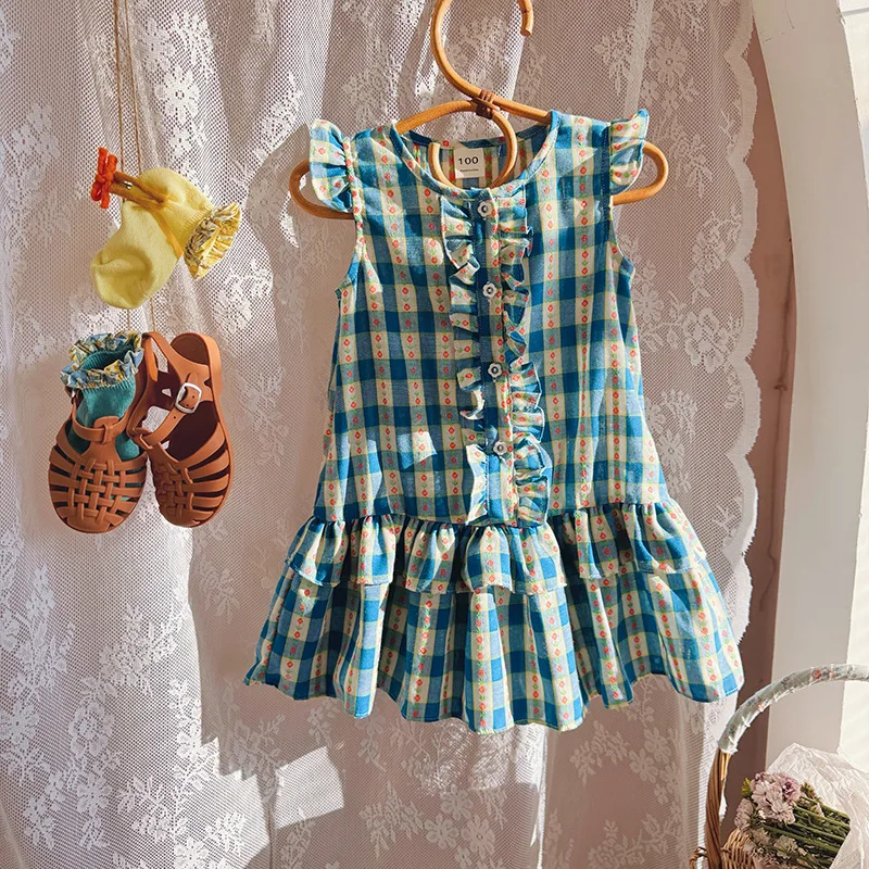 Summer New Girls Sun Dress Checkered Tiered Ruffle Princess Dress with Puffed Sleeves Children Party Cake Dress Outfit Clothes