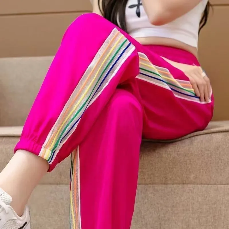 Large Size Thin Loose Tied Feet Casual Nine-point Sweatpants Summer Quick-drying Pants Striped Rainbow  Foreign-style Sweatpants