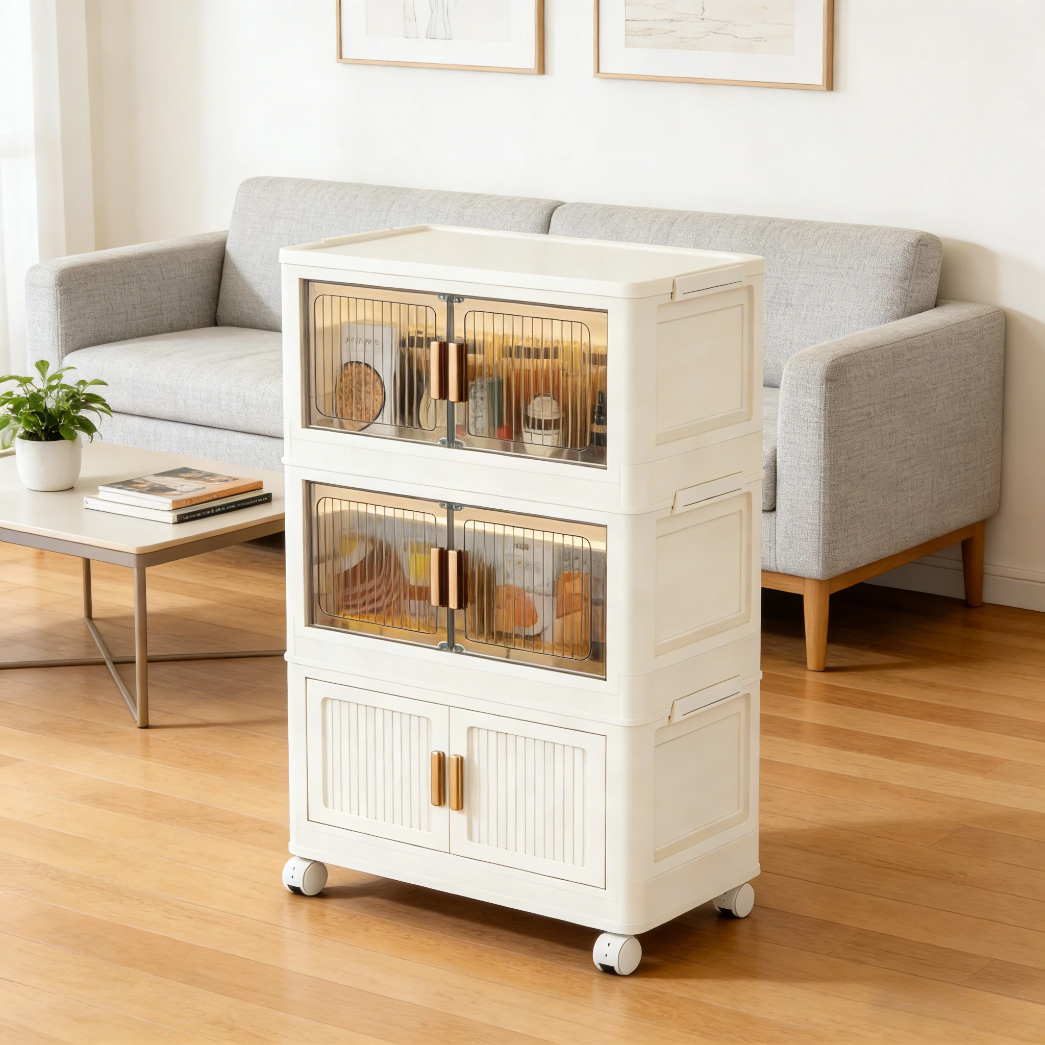 Organizador de Almacenamiento Plegable de 3/4 Niveles con Ruedas - No Requiere Ensamblaje, Diseño de Doble Puerta Magnética para Ropa, Juguetes, Libros