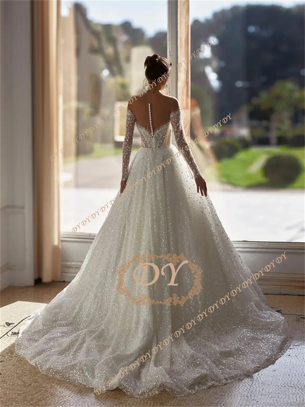 DY Glitter A-Line Wedding Dresses Lace Applique Bride Long Sleeves Beaded Pleat Robe De Mariée Personalized Customization