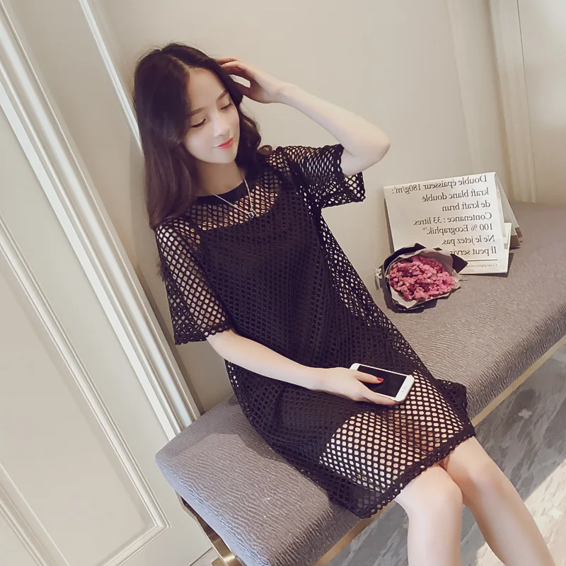 Women Solid Color Fishing Net Dress Hollow Out Knit Crochet Swim Cover Up Summer Short Sleeve Beach Dresses