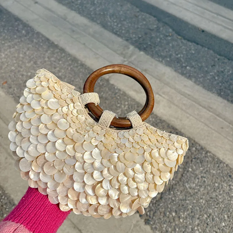 Luxury Shell Handbag for Women Handmade Embroidered Rhinestone & Pearl Wooden Handle Diagona Design for Banquet
