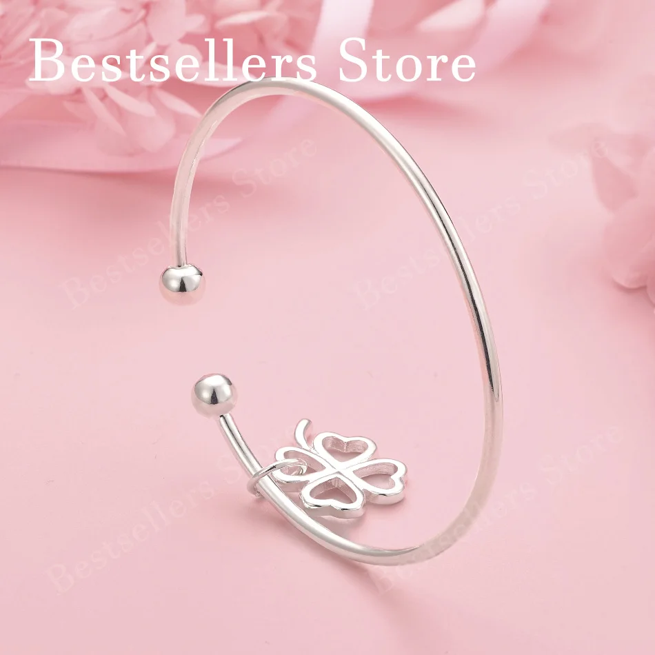 

Elegant 925 Sterling Silver Delicate Four-Leaf Clover Open Bangle for Women, Fashionable Wedding Party Accessories