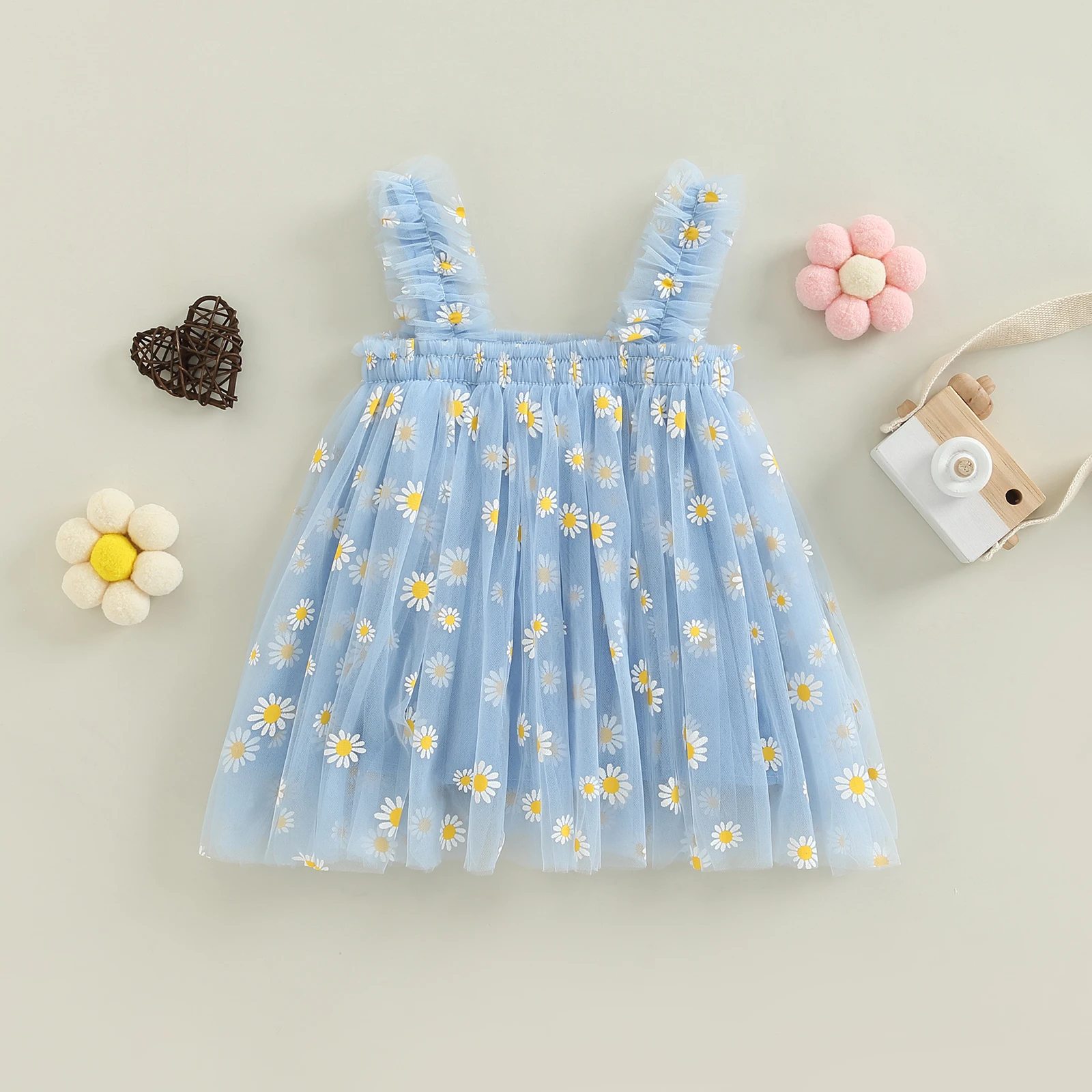 Tregren Toddler Girls Summer Sling Dress Sleeveless Daisy Print A- line Tulle Princess A- Line Dress Kids Birthday Party Dress