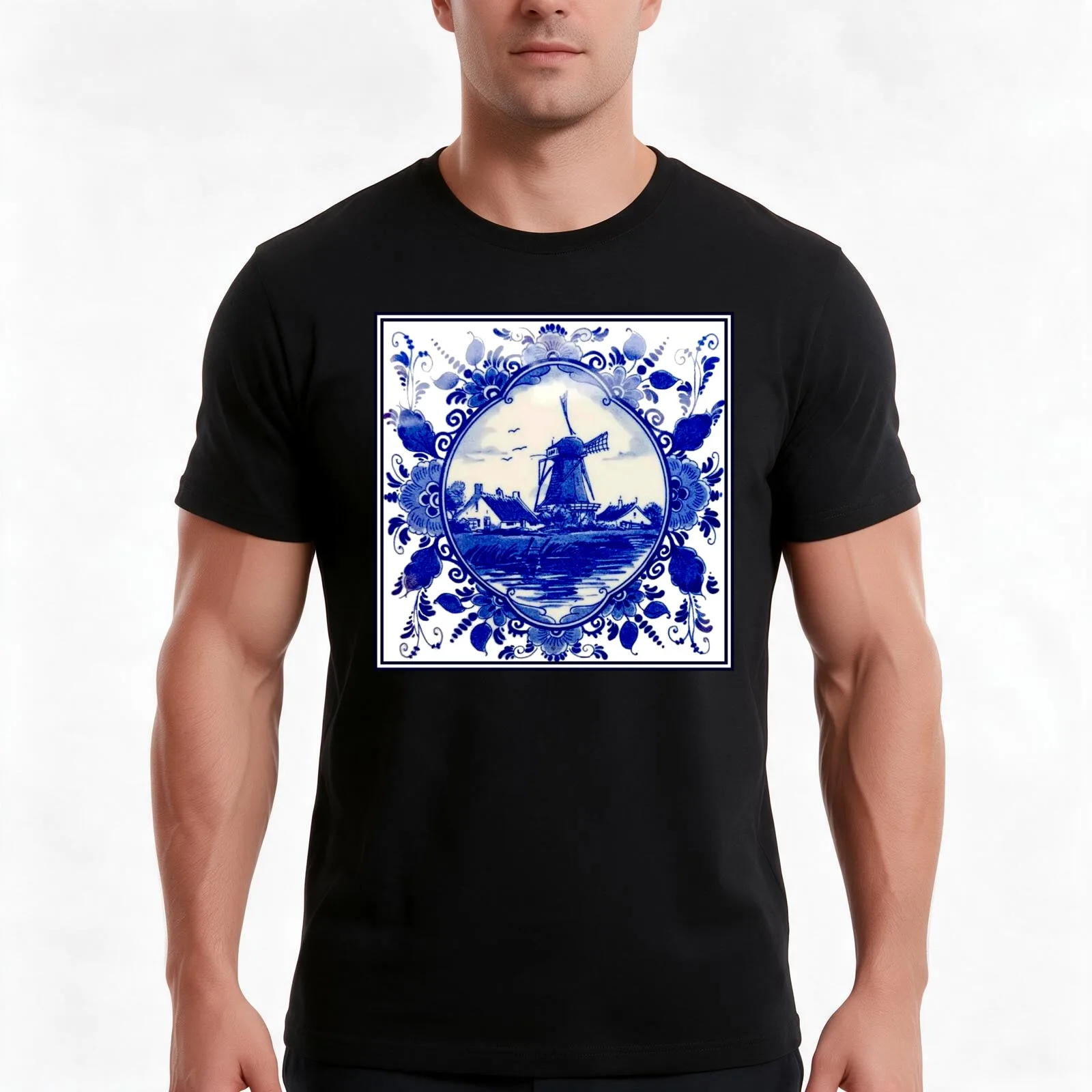 DUTCH BLUE DELFT : Vintage Windmill on River Print T-Shirt Summer Casual Cotton Tee Oversized Streetwear Tops 100% Cotton