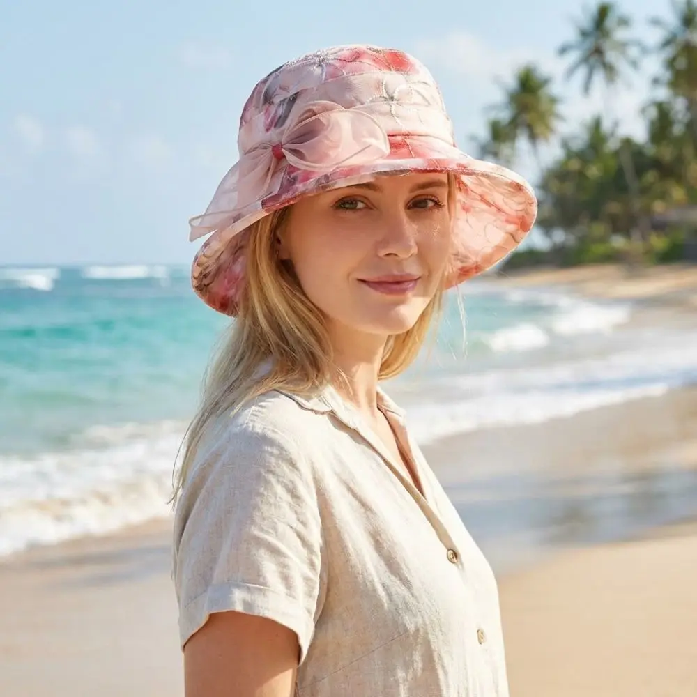 Trendy Bow Design Women's Sun Hat UV Protection Breathable Beach Hat Lightweight Wide Brim Bucket Hat Summer Outdoor