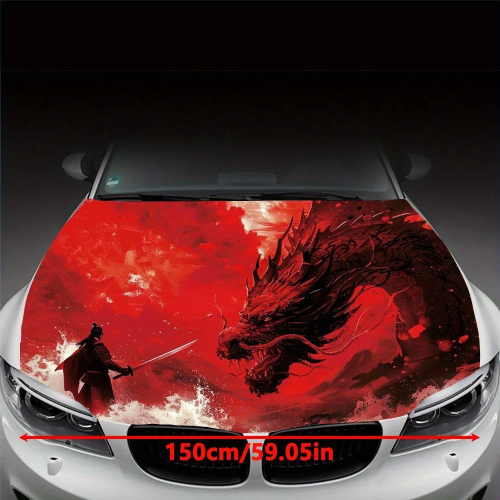 Dragon and Warrior Fight Red Art Car Hood Wrap Color Vinyl Sticker Truck Graphic Bonnet Auto Accessories Decoration Decal Gift