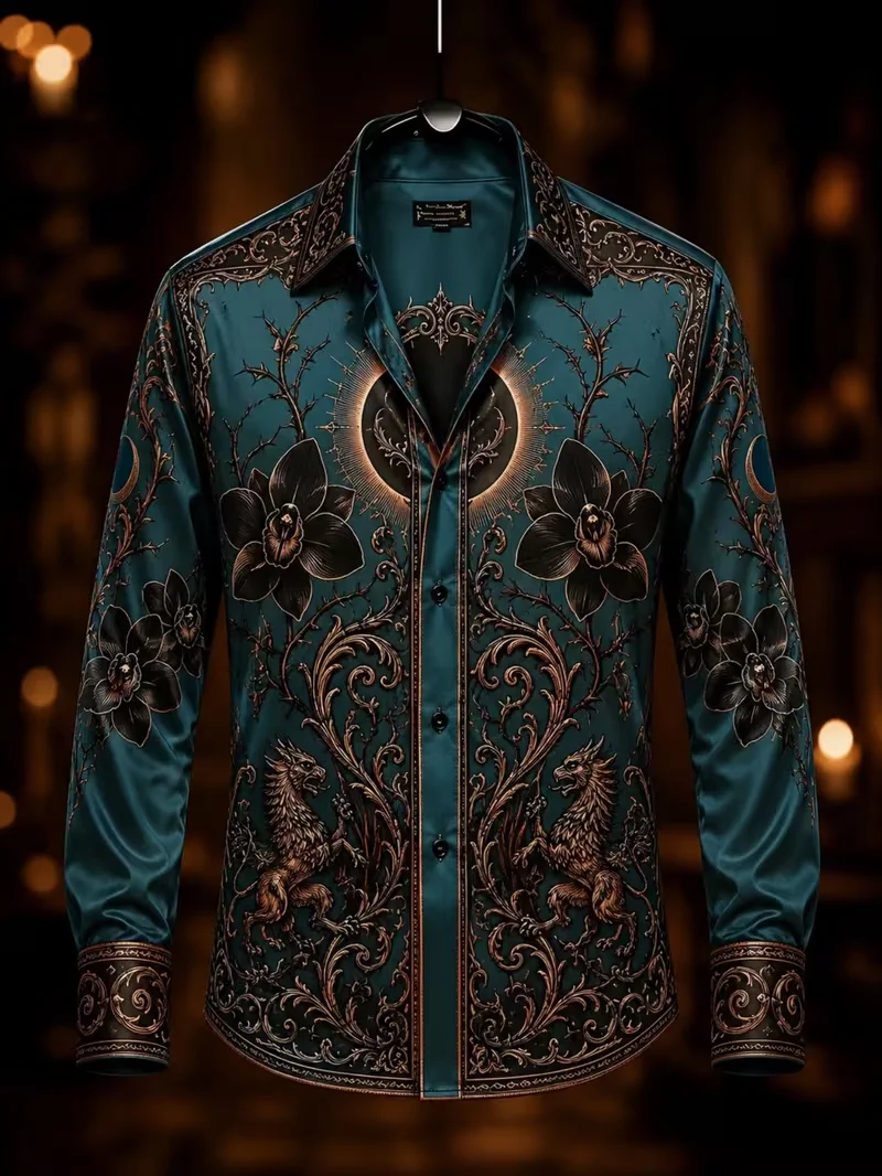 New Men's Casual Shirt Mirror Satin Three Color Splicing Geometric Circular Line Printed Long Sleeve Shirt