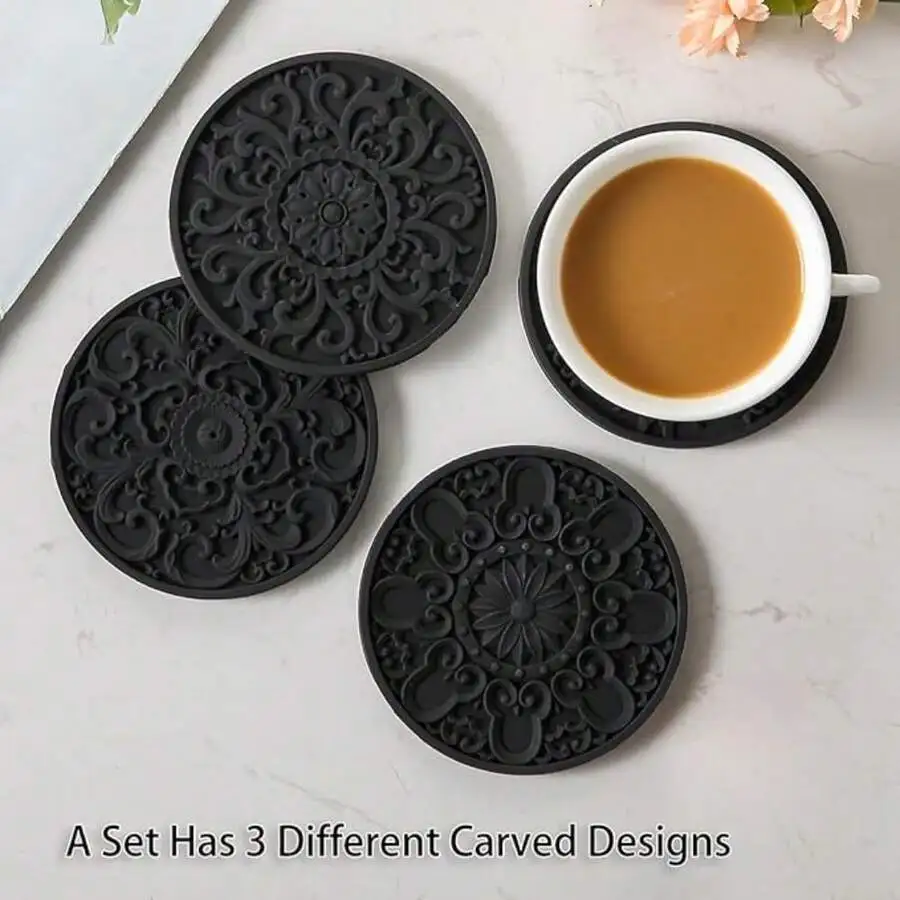 Silicone Coasters Set With Holder - 6 Pack Drink Coasters For Coffee Table Bar Desk Black