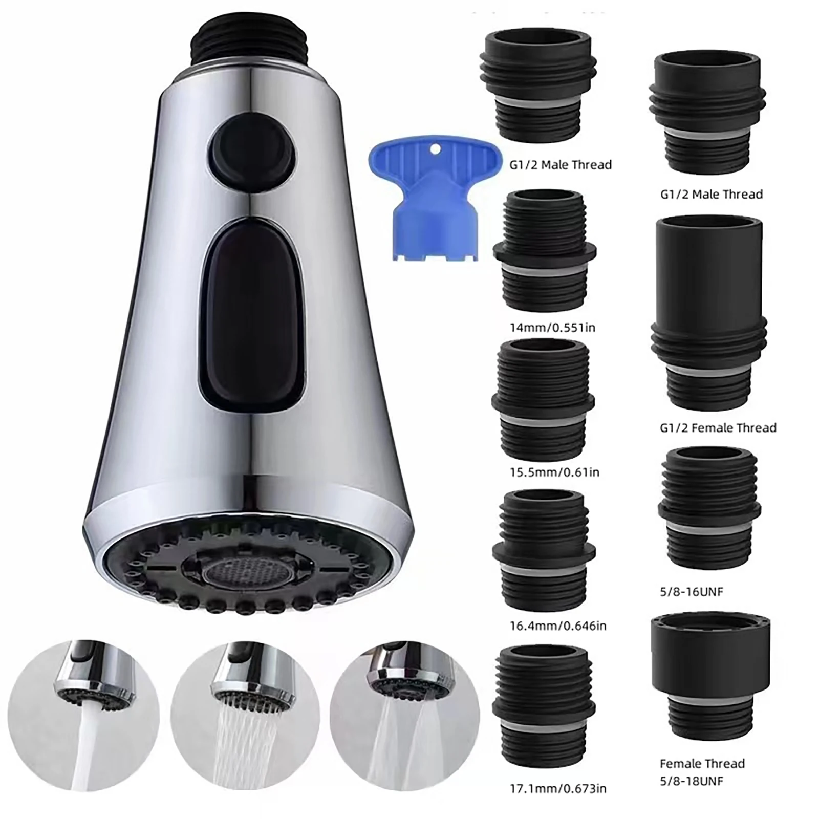 Spray Head Pull Down Kitchen Faucet G1/2 With 9 Different Adapters Connectors Kit Plastic 3 Modes Water Saving Faucet Spray Head