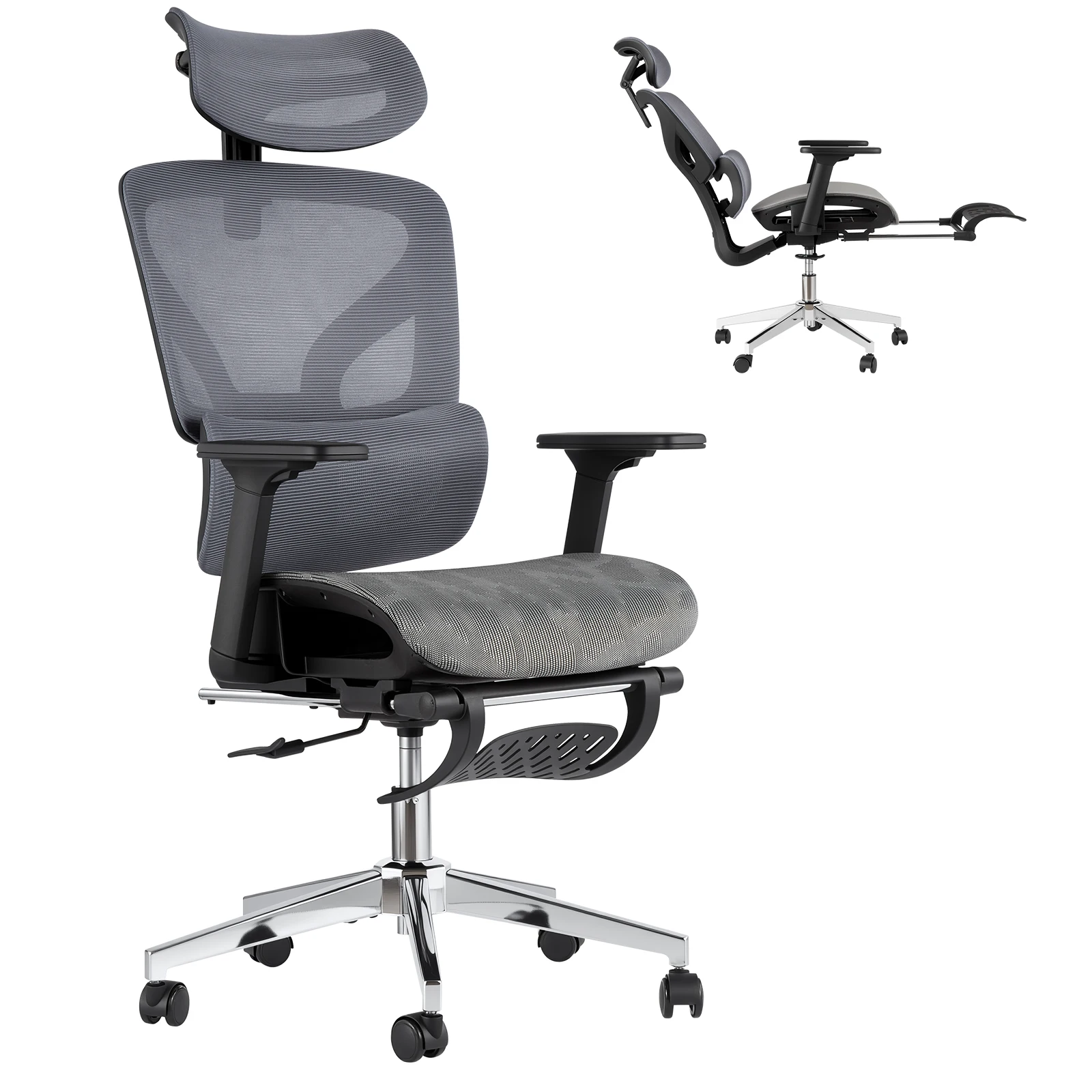 Ergonomische bureaustoel met hoge rugleuning van mesh – 3D verstelbare armleuningen, lendensteun, voetsteun – Ideaal voor thuiskantoor, studeren, gamen